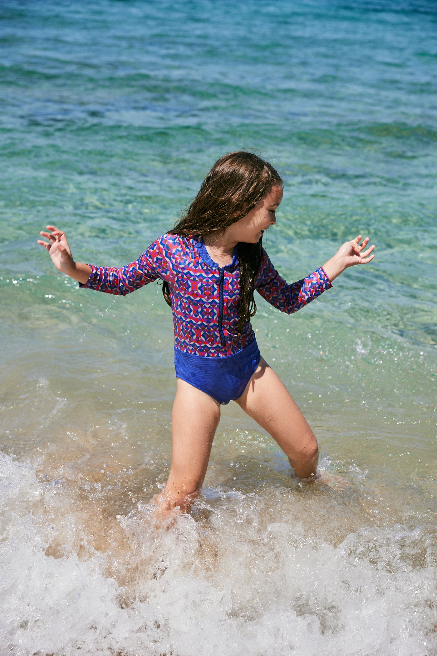 52A.ERICA-GEO # Kids Long Sleeve Swimsuit Erica Geo Pink