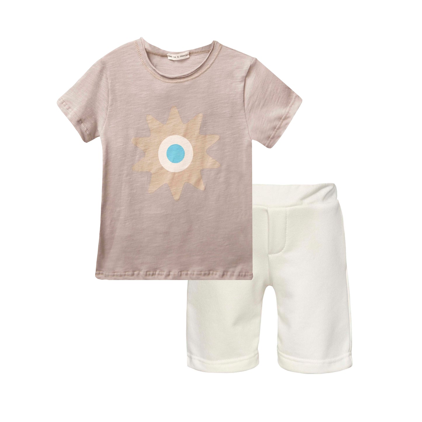 52A.T6374_BEIGE # Kids Set with Shorts Eyes On the Sun White
