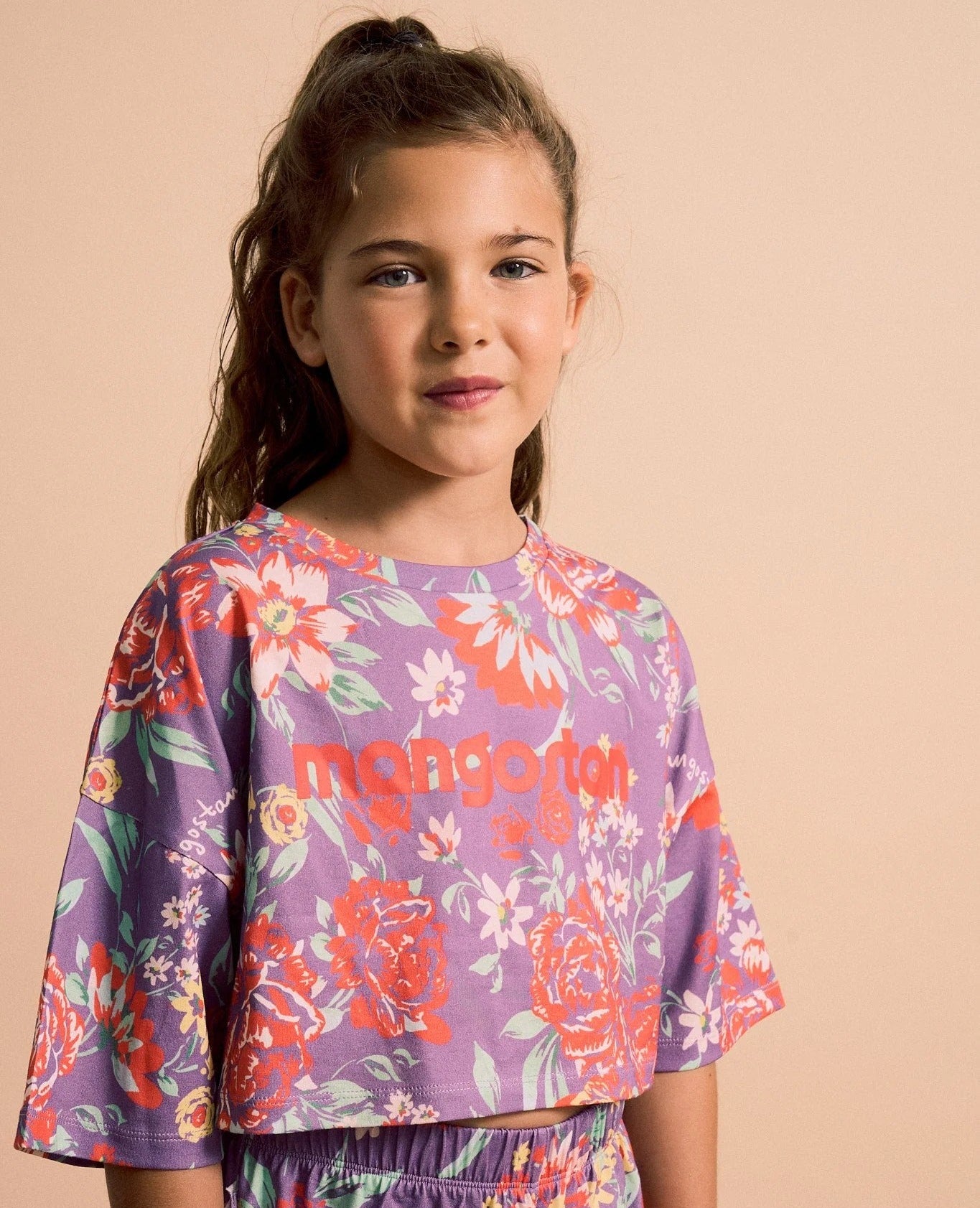 62A.26100509 # Kids Crop T-shirt Vintage Flowers Purple