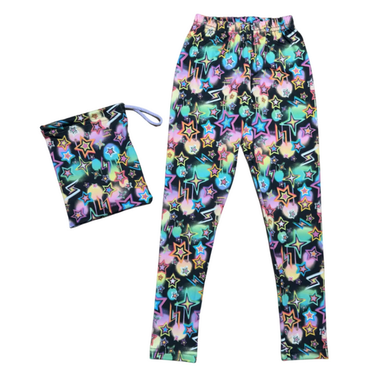 Kids Leggings Black Neon Stars