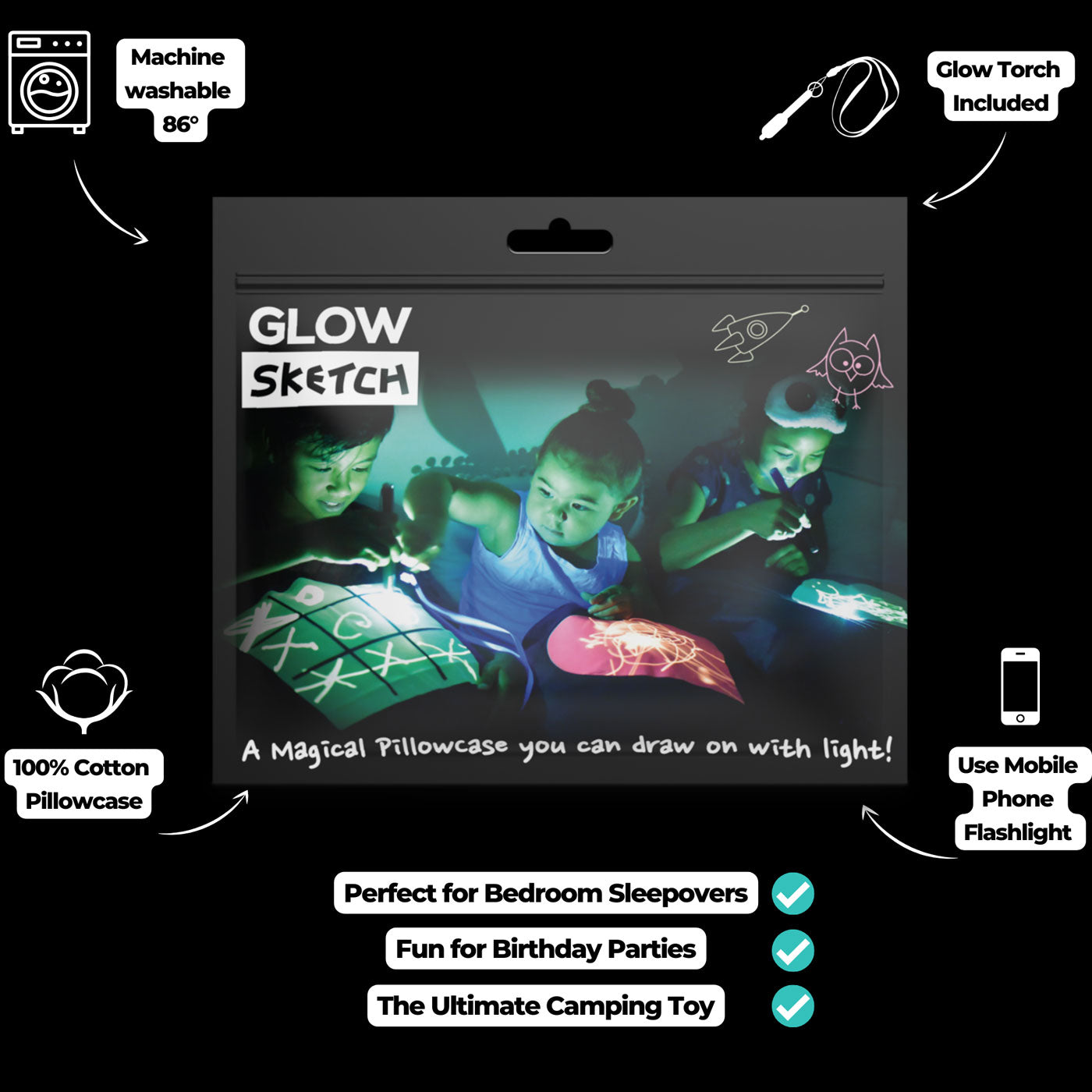 99.IA300050 # Pillowcase Glow in the Dark Noughts & Crosses 