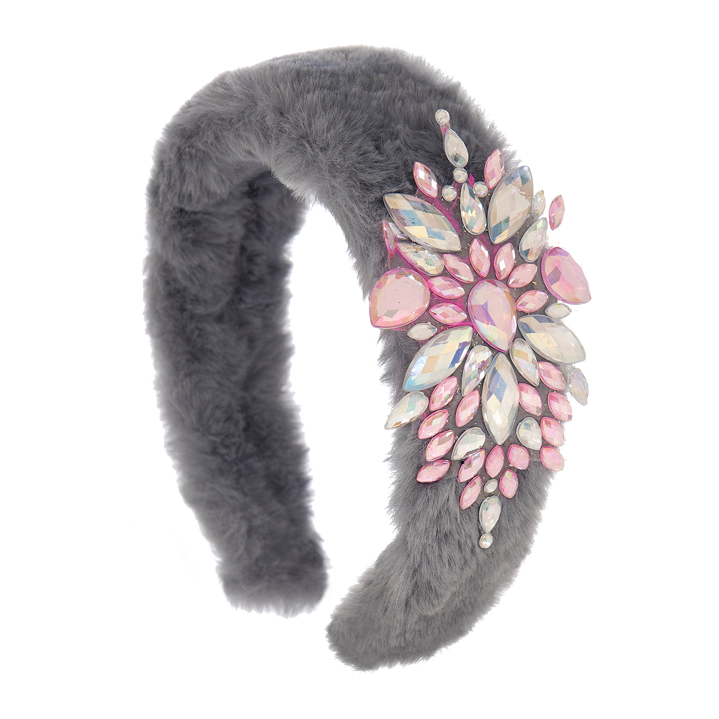 Kids Faux Fur Headband Tiara Gray Crystal