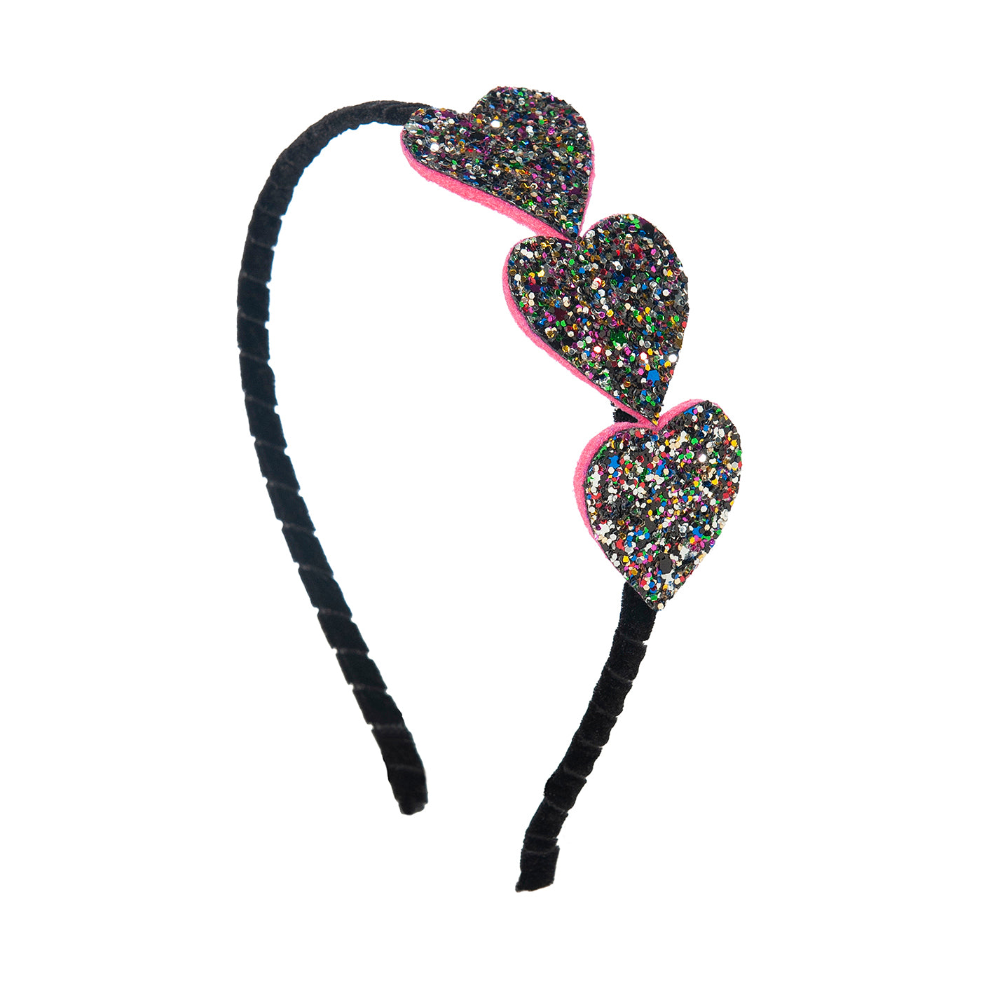 52A.head-3hearts-multi # Kids Headband 3 Glitter Hearts Black