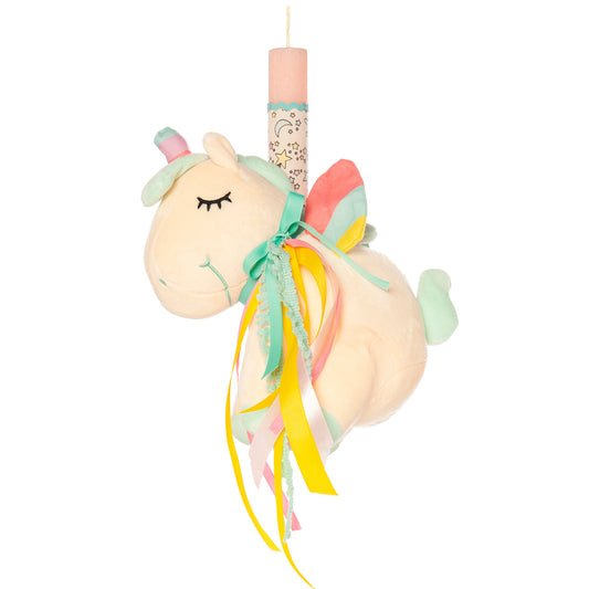 99.cand-uni-salmon # Easter Candle with Plush Toy Unicorn Salmon