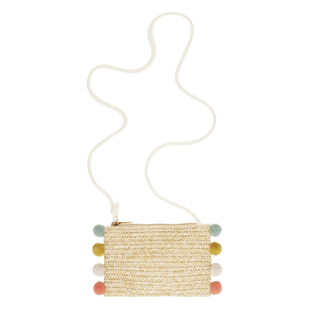 Παιδική Ψάθινη Τσάντα Ώμου με Pom-Pom