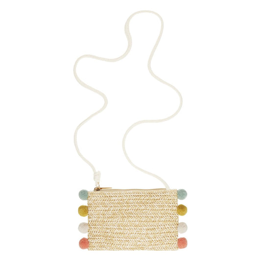 Παιδική Ψάθινη Τσάντα Ώμου με Pom-Pom