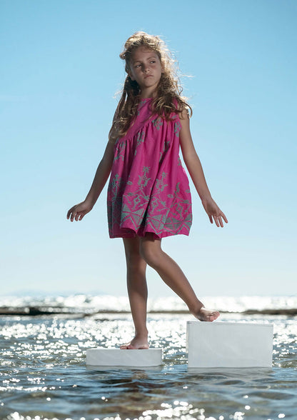 Αμάνικο Παιδικό Φόρεμα με Κεντήματα Ροζ