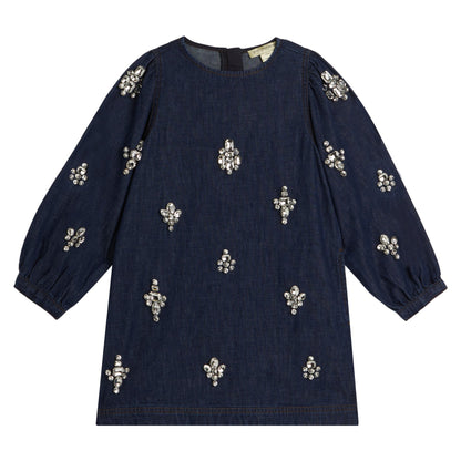 Kids Denim Long Sleeve Dress Crystals