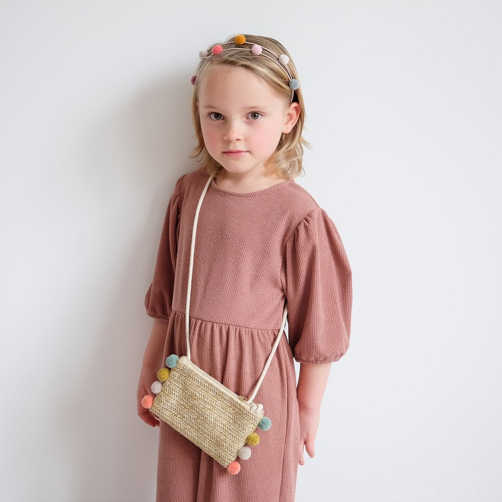 Παιδική Ψάθινη Τσάντα Ώμου με Pom-Pom