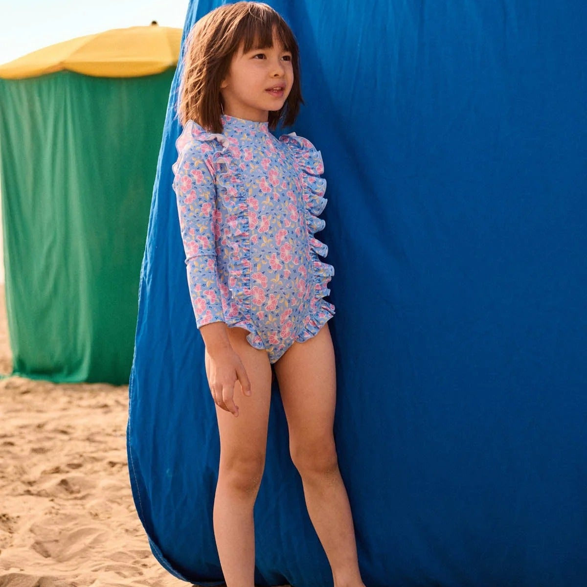 62A.GBC-S26-B0084 # Kids Long-Sleeved One-Piece Swimsuit Aurelie Blue Hibiscus Bay