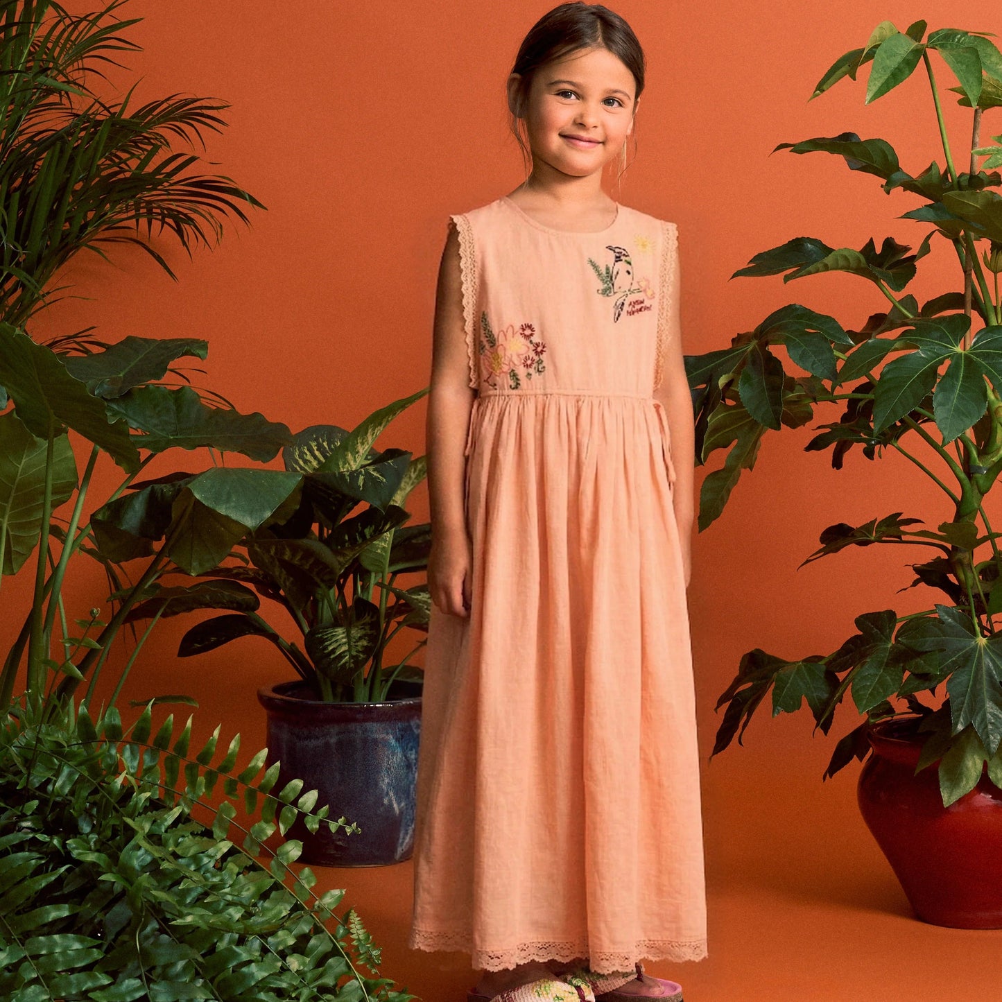 62A.26101300 # Kids Sleeveless Dress with Birds Embroidery Orange