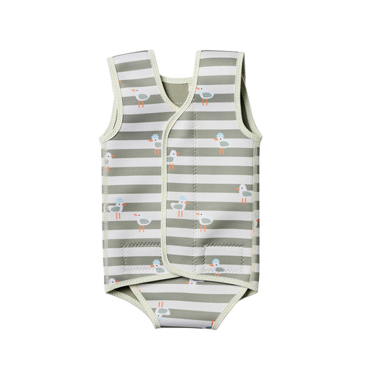 62A.S61NRWSG # Baby Swimsuit for the Sea Sammy the Seagull Green Stripe