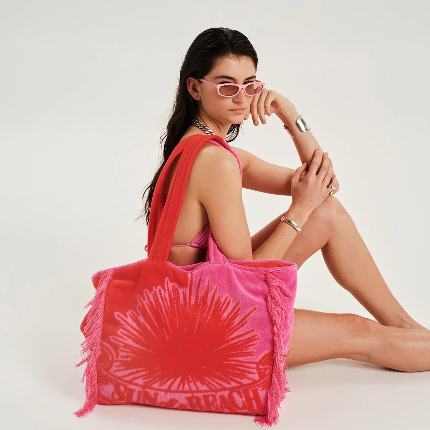 62A.TB/VLV/B/BBP-O # Beach Bag Bicolor Velvet Bubblegum Orange