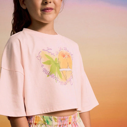 62A.26100507 # Kids Short Sleeve Crop Top Birds Pink